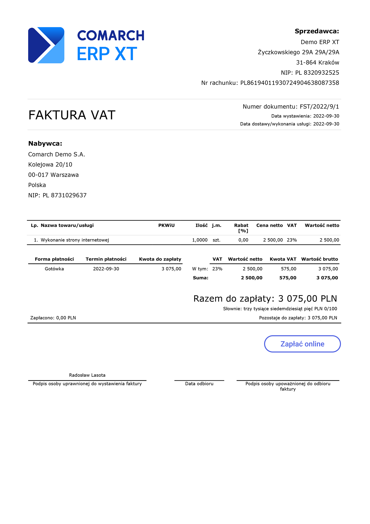 Przykładowa faktura VAT wystawiona online – wzór faktury